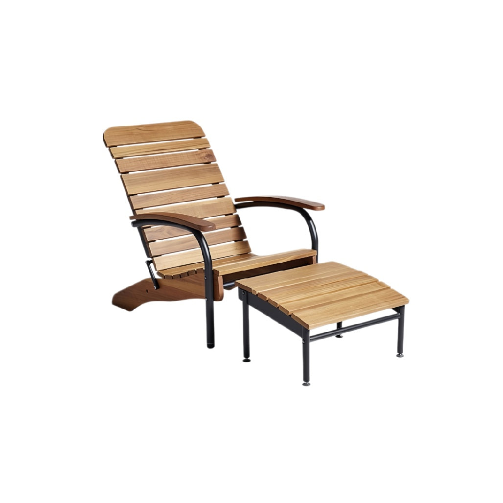 **Houten ligstoel met metalen frame en voetensteun.