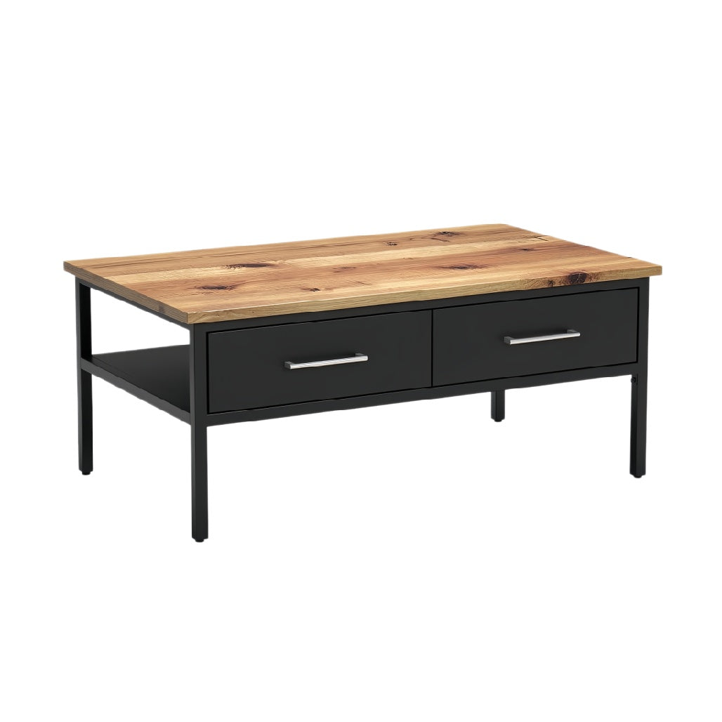 ** Moderne salontafel met houten blad en metalen onderstel, inclusief lades