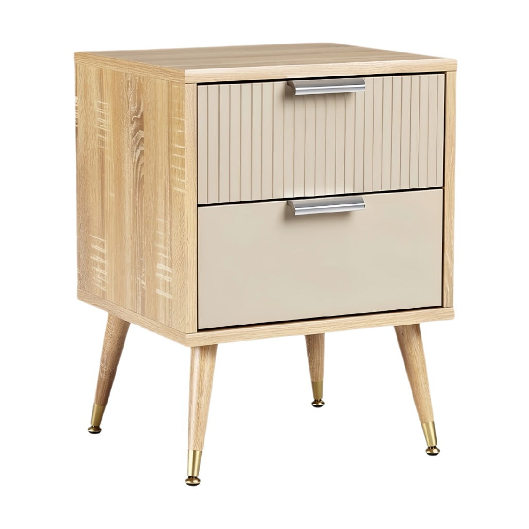 **Moderne nachtkast met houten afwerking en ladeontwerp**